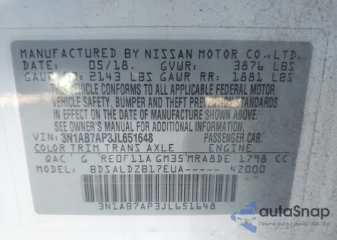 2018 Nissan Sentra Sv z USA, uszkodzony, nr VIN 3N1AB7AP3JL651648